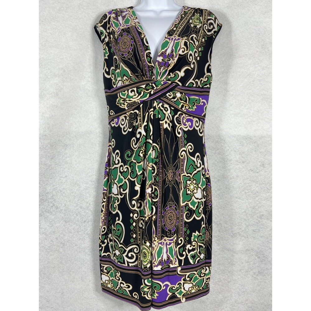 Cache Dress Women's 14 Black Green Sheath Ruched Waist Mini Floral V-Neck